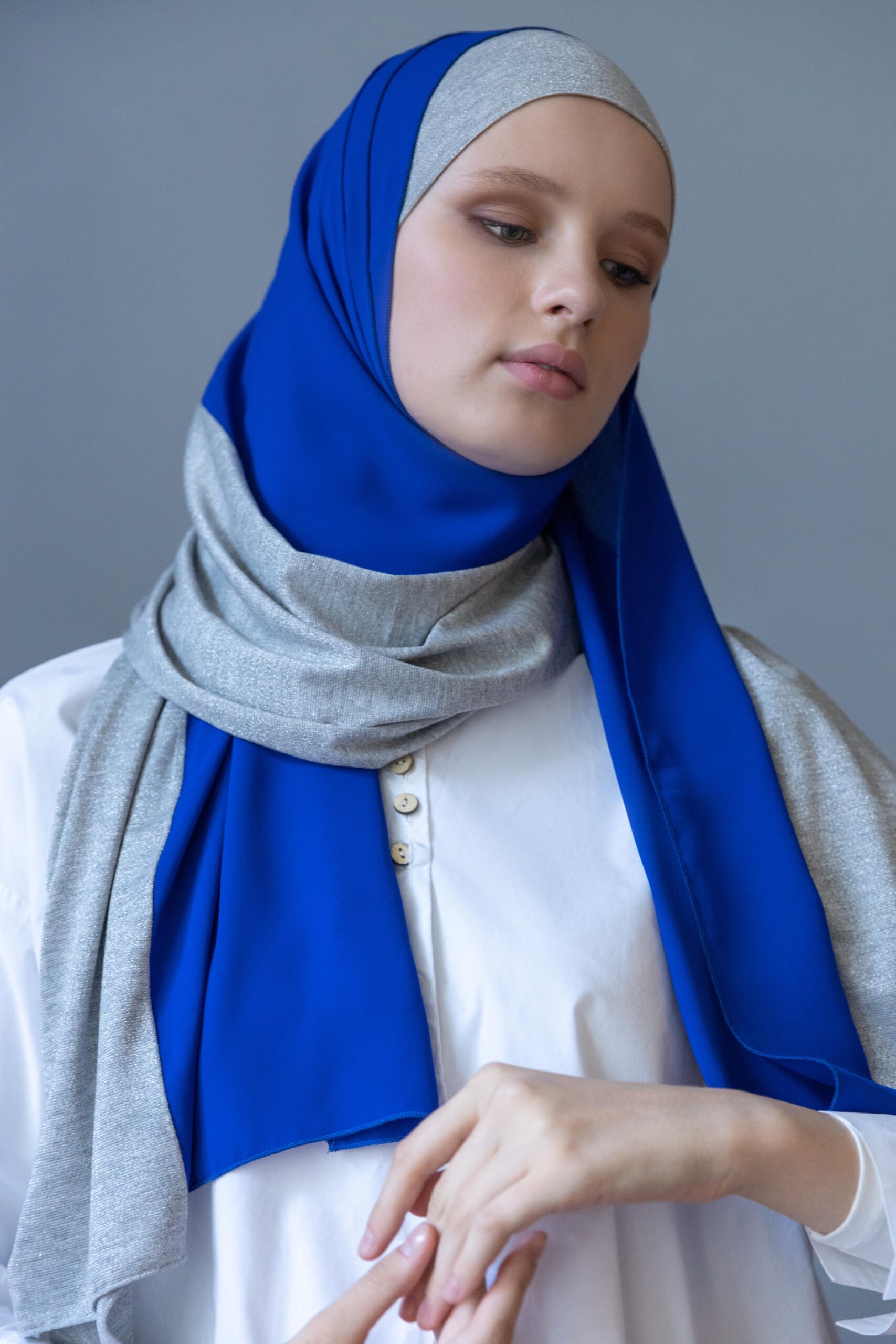 Al Rajwan Two-Toned Satin Shimmer Jersey Hijab Scarf Tilted Right Royal Blue Shimmer Grey