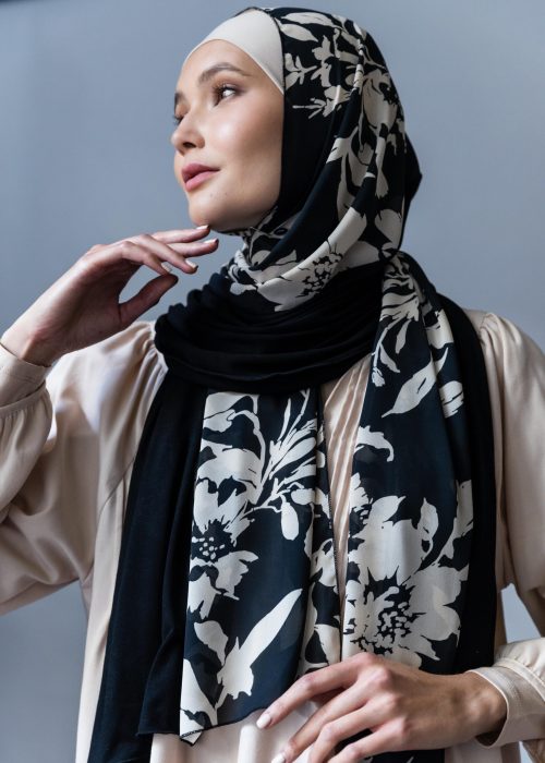 Al Rajwan Two-Toned Floral Print Crepe Jersey Hijab Scarf Left Side 2 Black - White